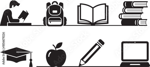 Education icons for learning and school supplies