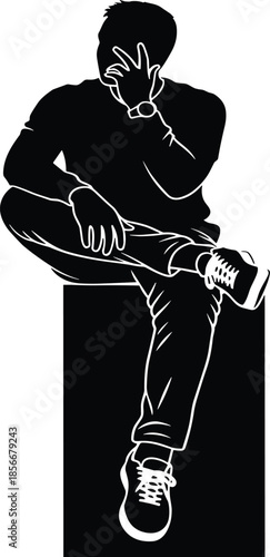 Contemplative seated figure silhouette vector, black and white contrast, emotional pose, casual fashion, minimal design, introspective moment, urban solitude, style