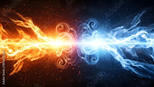 Abstract confrontation of blazing orange fire and swirling icy blue energy meeting at the center on a dark background, symbolizing balance, conflict, and powerful elemental forces