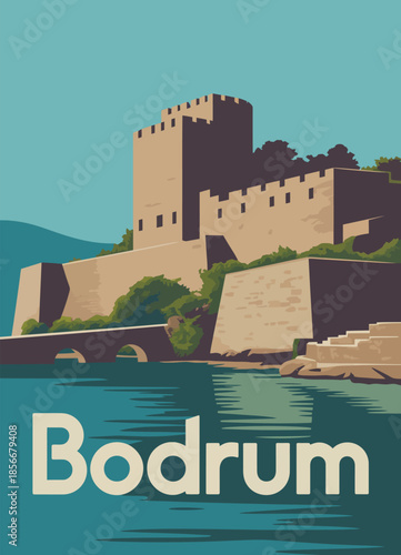 Turkey travel poster of bodrum castle, mediterranean sea scenery with historic architecture, vintage art style, summer resort landscape, and nostalgic retro travel illustration.