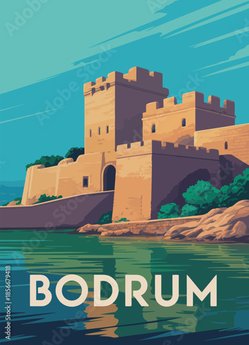 Mediterranean coastline of turkey with bodrum castle, vintage travel poster design, historic fortress scenery, summer vacation resort illustration, and retro postcard style.