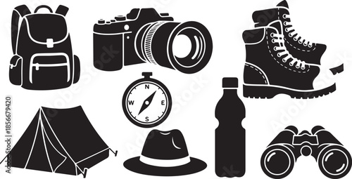 Hiking and camping gear icons for outdoor adventure travel