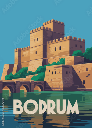 Bodrum castle travel poster, featuring a scenic mediterranean coastline view, turkey summer resort landscape, vintage postcard style illustration, and historic fortress.