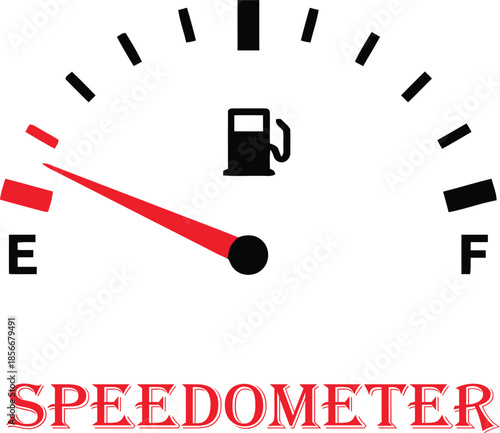 Fuel gauge showing a low fuel level with red indicator and markings