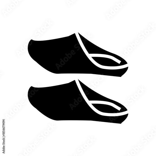Black pair of slipper icon in minimal flat style, representing footwear, fashion, walking, casual wear, or lifestyle concept.