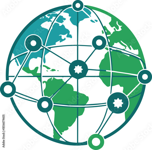 n illustration of the Earth globe covered by a connected network of nodes and lines, representing worldwide communication and data exchange.