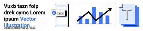 Data protection, digital marketing, content management, analytics, online services, secure business. Mobile device with a lock icon, bar chart growth and document files. Data protection and digital