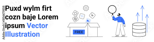 Box releasing free tools, digital icons, person holding balloon, upward growth arrow, database. Ideal for technology, business, innovation, data management future solutions education simple