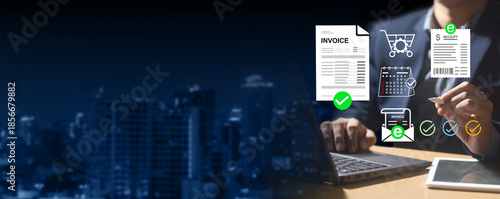 managing online invoices, electronic tax, e-invoice, and digital receipt statements concept