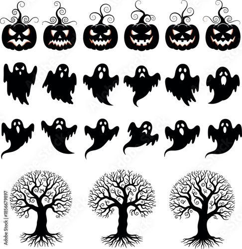 Large Halloween vector set featuring spooky black silhouettes of pumpkins with scary faces ghostly spirits and gnarly dead trees for festive designs