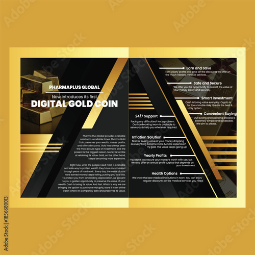 A sleek black and gold brochure promotes digital gold investment opportunities.