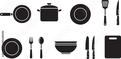Kitchen utensils and dishes in black silhouette