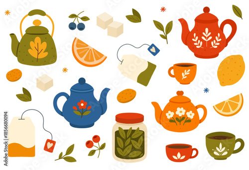 Tea set with teapots, cups, jar, milk, sugar and citrus slices with leaves. For cafe menus, bakery posters, packaging, stickers.