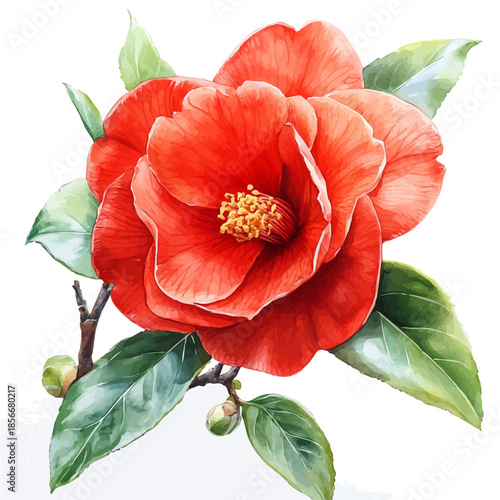 Camellia Flower, beautiful watercolor illustration with vivid colors and detailed vector style, isolated on a white background.
