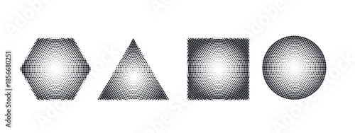Abstract geometric set with stipple texture: circle, triangle, square, hexagon featuring radial gradation effects and grainy halftone patterns for creative backgrounds.