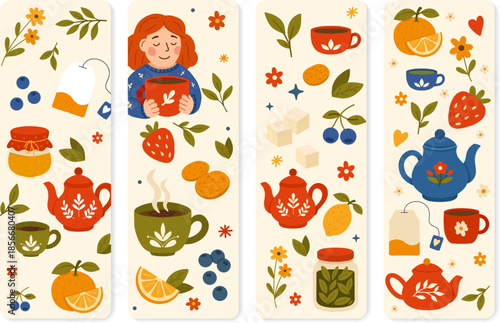 Bookmarks set with tea cups, teapots, sweets, berries and citrus. For printable stationery, book lovers, gift bundles, library events and cafe branding.