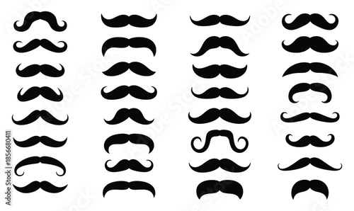 Mustache silhouettes in black on white background, classic, modern, curly, handlebar, vintage and cartoon styles, centered and evenly spaced
