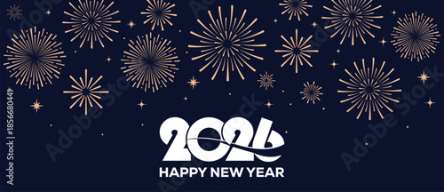 Festive Happy New Year 2026 background with golden fireworks and elegant white 2026 typography on a dark blue night sky, ideal for greeting cards, banners, invitations and holiday marketing designs.