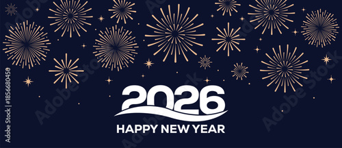 Festive Happy New Year 2026 background with golden fireworks and elegant white 2026 typography on a dark blue night sky, ideal for greeting cards, banners, invitations and holiday marketing designs.
