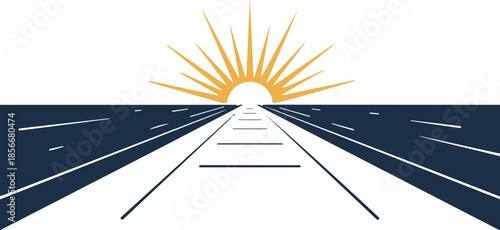 A minimalist landscape showing a long road leading toward a rising sun on the horizon, symbolizing a journey, vision, and a bright future.
