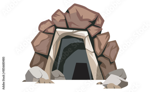 Cartoon Illustration of Mine Entrance in Desert Retro Tunnel.