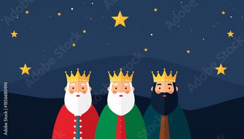 Ilustración vectorial plana de los tres Reyes Magos sonrientes bajo un cielo estrellado. Diseño moderno, minimalista y colorido con personajes simpáticos y coronas.