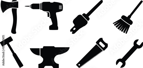 Black Silhouette Icons of Various Hand Tools and Workshop Equipment construction