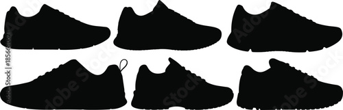 Black Silhouettes of Six Different Athletic Sneakers or Running Shoes on White Background sport
