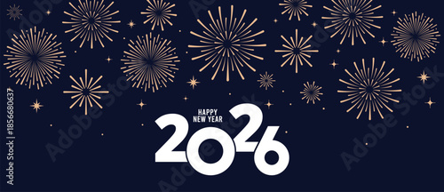Festive Happy New Year 2026 background with golden fireworks and elegant white 2026 typography on a dark blue night sky, ideal for greeting cards, banners, invitations and holiday marketing designs.