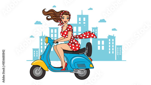 Pop art pin up girl riding classic scooter on city street, modern vector illustration with solid colors, ideal for urban lifestyle and retro posters