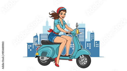 Pop art pin up girl riding classic scooter on city street, modern vector illustration with solid colors, ideal for urban lifestyle and retro posters