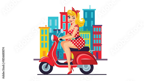 Pop art pin up girl riding classic scooter on city street, modern vector illustration with solid colors, ideal for urban lifestyle and retro posters