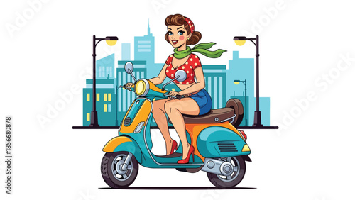 Pop art pin up girl riding classic scooter on city street, modern vector illustration with solid colors, ideal for urban lifestyle and retro posters