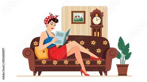 Pop art pin up girl reading magazine on sofa in vintage living room, modern vector illustration, solid colors, ideal for retro lifestyle content