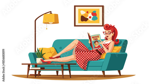 Pop art pin up girl reading magazine on sofa in vintage living room, modern vector illustration, solid colors, ideal for retro lifestyle content