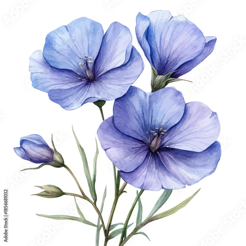 Blue Flax Flower, beautiful watercolor illustration with vivid colors and detailed vector style, isolated on a white background.