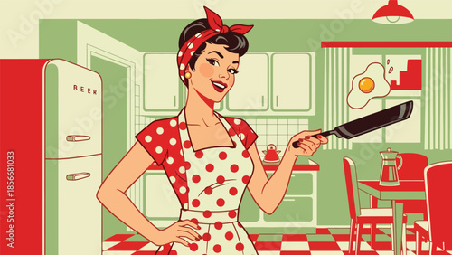 Pop art pin up girl cooking in retro kitchen with frying pan, modern vector illustration in solid colors, ideal for food and lifestyle designs