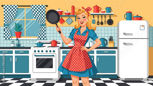 Pop art pin up girl cooking in retro kitchen with frying pan, modern vector illustration in solid colors, ideal for food and lifestyle designs