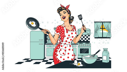 Pop art pin up girl cooking in retro kitchen with frying pan, modern vector illustration in solid colors, ideal for food and lifestyle designs