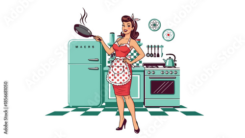 Pop art pin up girl cooking in retro kitchen with frying pan, modern vector illustration in solid colors, ideal for food and lifestyle designs