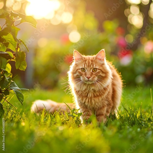 Golden-orange cat in lush garden, bathed in warm sunlight