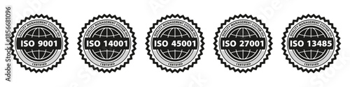 ISO certification badges with official seal appearance. Bold circular emblems emphasize quality and compliance standards