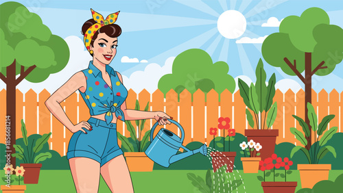 Pop art pin up girl watering plants in garden, cheerful modern vector illustration with solid colors, ideal for lifestyle and outdoor designs