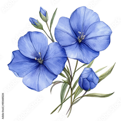 Blue Flax Flower, charming watercolor vector with soft tones and graceful design, isolated on a white background.
