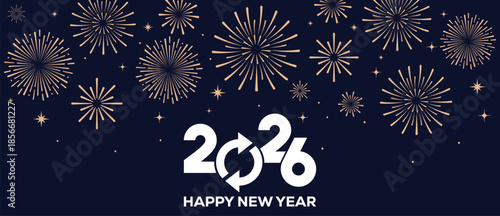 Festive Happy New Year 2026 background with golden fireworks and elegant white 2026 typography on a dark blue night sky, ideal for greeting cards, banners, invitations and holiday marketing designs.