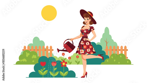 Pop art pin up girl watering plants in garden, cheerful modern vector illustration with solid colors, ideal for lifestyle and outdoor designs
