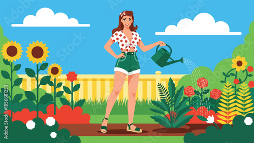 Pop art pin up girl watering plants in garden, cheerful modern vector illustration with solid colors, ideal for lifestyle and outdoor designs