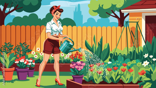 Pop art pin up girl watering plants in garden, cheerful modern vector illustration with solid colors, ideal for lifestyle and outdoor designs