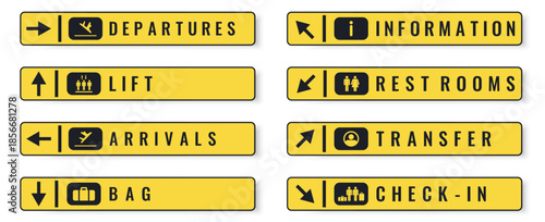 Airport navigation signs with clear icons and bold typography. High contrast yellow panels improve visibility and orientation