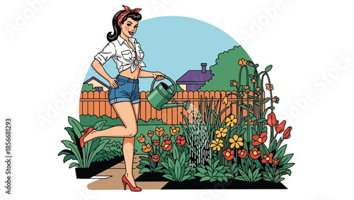 Pop art pin up girl watering plants in garden, cheerful modern vector illustration with solid colors, ideal for lifestyle and outdoor designs